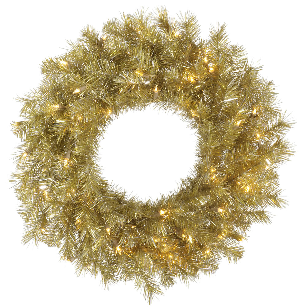 Christmastopia.com - 24 Inch Gold Silver Tinsel Artificial Christmas Wreath 50 DuraLit LED M5 Italian Warm White Mini Lights