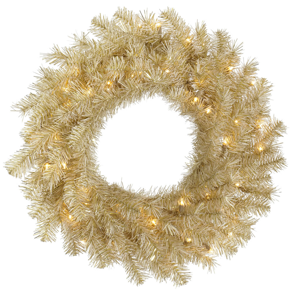 Christmastopia.com - 24 Inch White Gold Tinsel Artificial Christmas Wreath 50 DuraLit LED M5 Italian Warm White Mini Lights